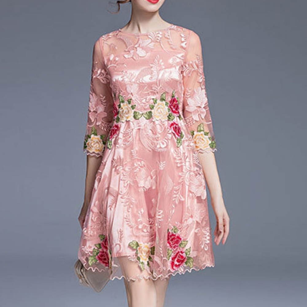 Dance VICKY & LUCAS 3/4 Sleeve Embroidered Skater Dress (Pink)